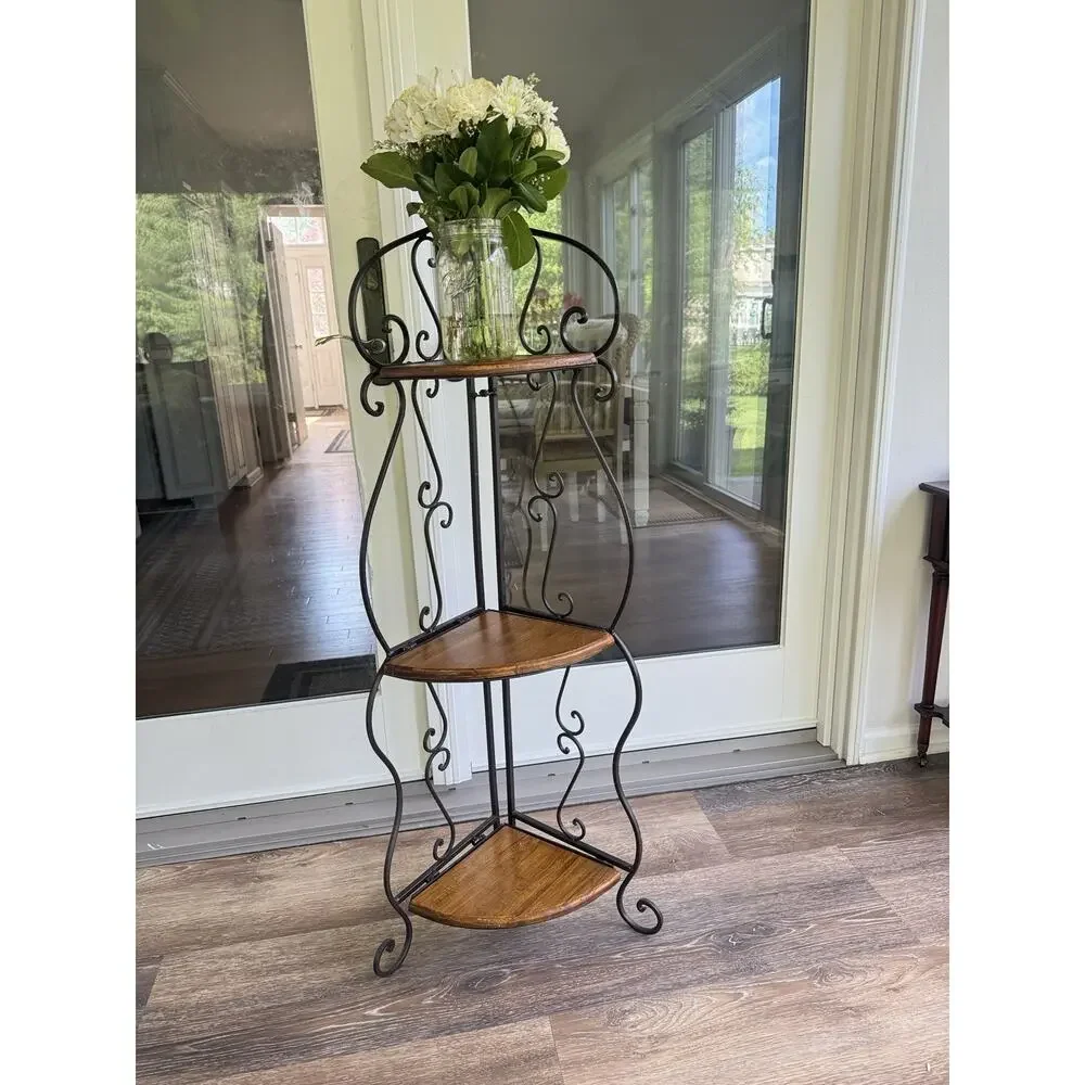 Vintage 3 Tier Folding Corner Shelf Wrought Iron Wood Etagere Plant Stand 48